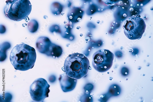 Fresh blueberries suspended in water with air bubbles, captured in high detail against a pale blue background, suitable for healthy eating and nutrition themes