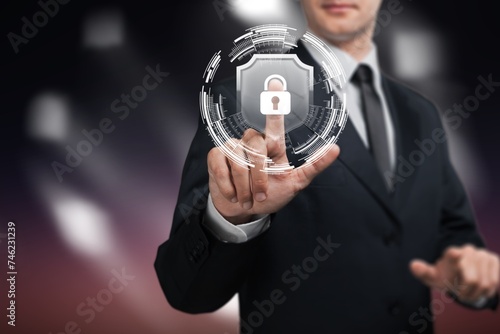Cybersecurity concept icons in business man hand