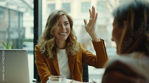 Businesswoman Giving a High Five to Colleague. Meeting, Business, Deal, Discussion, Corporate, Idea 