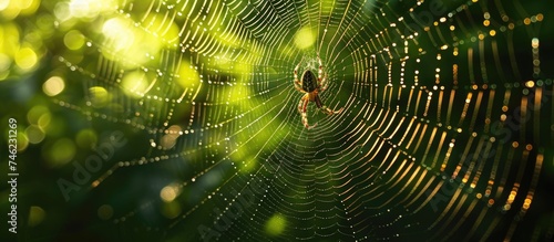 Fotografia A majestic spider weaves an intricate web coated in the morning dew drops, showcasing the beauty of arachnids in a lush canopy of trees