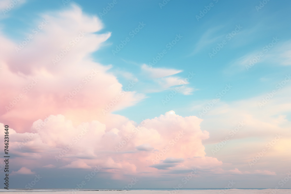Naklejka premium Soft Pastel Sunrise Sky with Fluffy Clouds. Peaceful Morning Atmosphere Concept