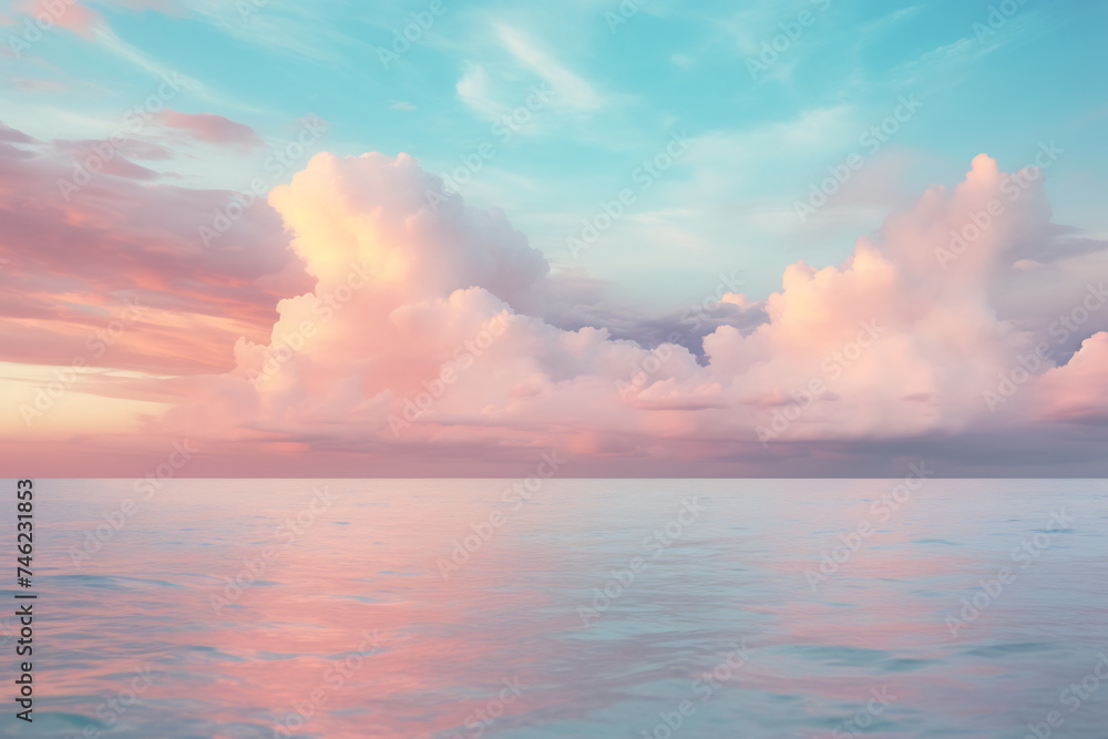 Soft Pastel Sunrise Sky with Fluffy Clouds. Peaceful Morning Atmosphere Concept