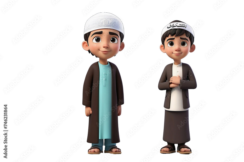 set 3d character child muslim cartoon style set 3d character child muslim cartoon style