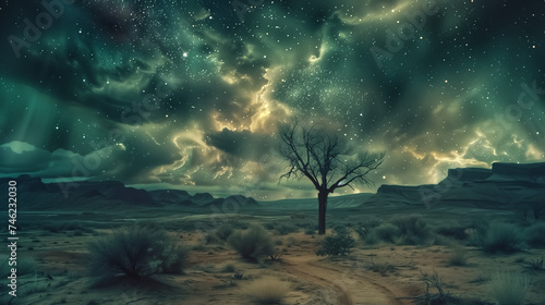 Northern lights dancing over a desert, magical and mystical nature landscape © pasakorn