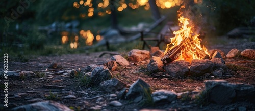 A steaming bonfire ignites a serene ambiance at the campsite, creating an enchanting campsite experience in the middle of a forest.