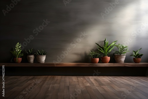 Dark background empty room with plants on a floor