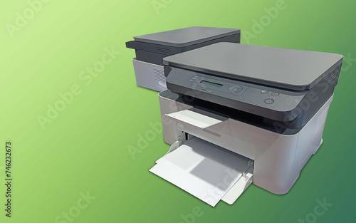 two grey and white printers on green background, technology, object, comfortable, work, copy space