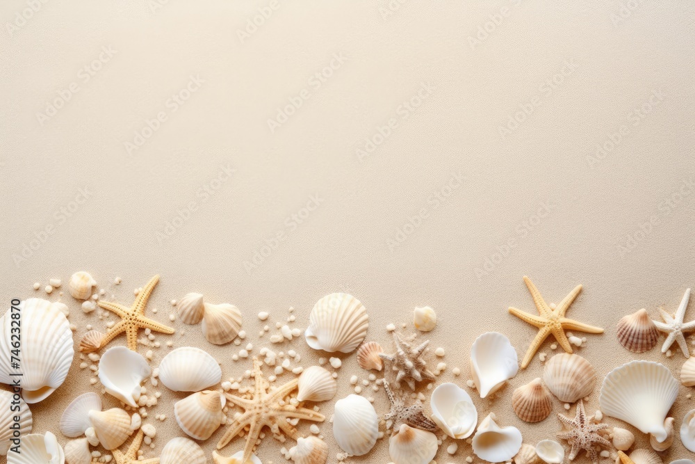 Sea shells on a sand background with a Beach theme Sea shells on a sand background with a Beach theme
