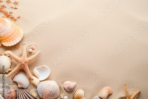 Sea shells on a sand background with a Beach theme