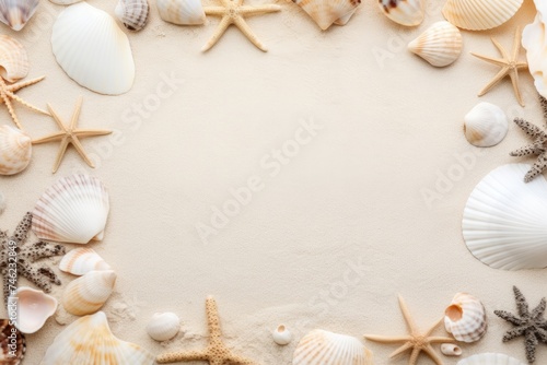 Sea shells on a sand background with a Beach theme