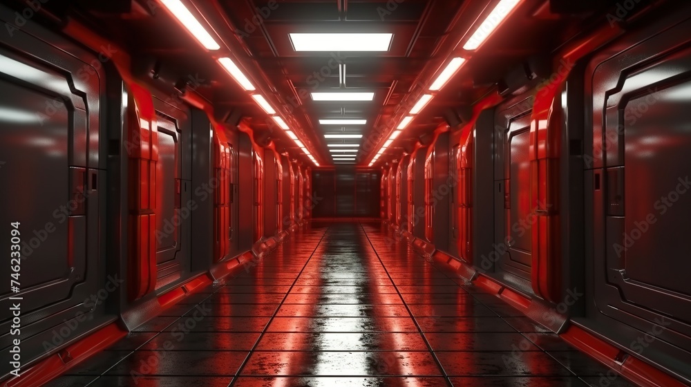 Fototapeta premium corridor with futuristic abstract red neon light lines.