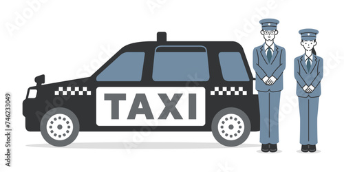 タクシー車両と笑顔の男女運転手のイラスト
