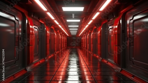 corridor with futuristic abstract red neon light lines.