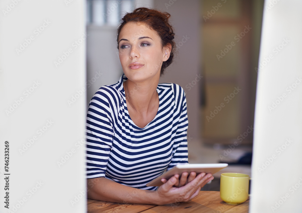 Relax, thinking and woman in home office with tablet, idea and coffee to scroll on social media for business networking. Freelance, remote work and girl at table with digital app for communication. Relax, thinking and woman in home office with tablet, idea and coffee to scroll on social media for business networking. Freelance, remote work and girl at table with digital app for communication.