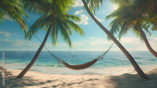 Hammock on the Beach, Hammock with palm tree, swinging and relaxing on a sand beach, 