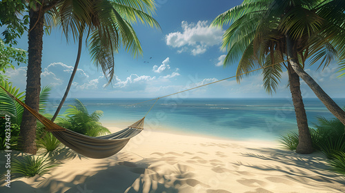 Hammock on the Beach, Hammock with palm tree, swinging and relaxing on a sand beach, 