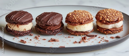 A white plate displays three chocolate-covered cookies, each with ice cream sandwiched between chocolate biscuits.