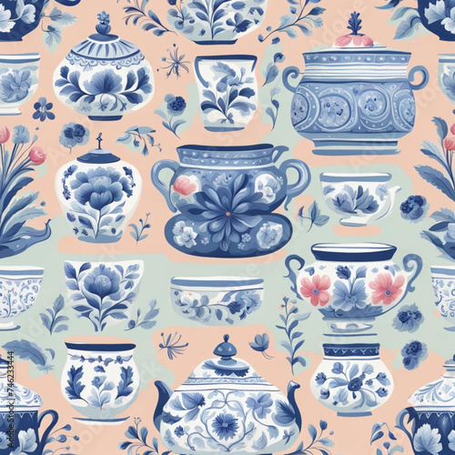 Dutch style seamless pattern with flowers