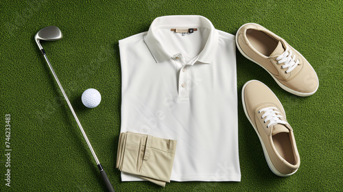 Golf Essentials - High-Quality Golf Club, Ball, Stylish Polo Shirt, Khaki Shorts, and Comfortable Sneakers on a Lush Green Background
