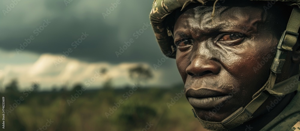 A thoughtful African soldier, demonstrating leadership and problem-solving skills, offers solutions for peace with a strong and honorable presence.