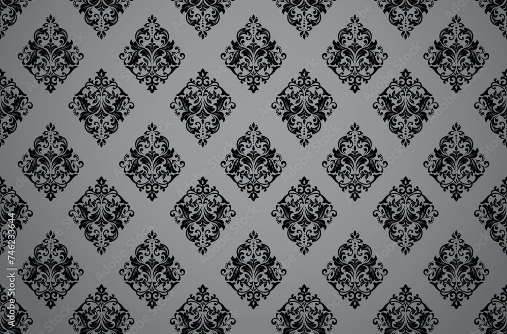 Wallpaper in the style of Baroque. Seamless vector background. Black and gray floral ornament. Graphic pattern for fabric, wallpaper, packaging. Ornate Damask flower ornament Wallpaper in the style of Baroque. Seamless vector background. Black and gray floral ornament. Graphic pattern for fabric, wallpaper, packaging. Ornate Damask flower ornament