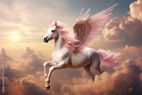 unicorn flying horse, a unicorn, flying horse in the sky photo