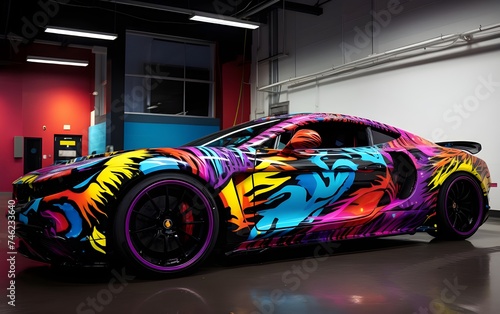 Film stickers with colorful patterns wrap on sports cars.