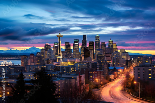 Illuminated Urban Cityscape: A symphony of Lights against Dusky Sky