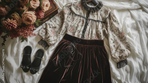 A blouse with a ruffled high neck and bishop sleeves worn with a velvet maxi skirt and spy sandals for a bohemian Victorianinspired outfit.