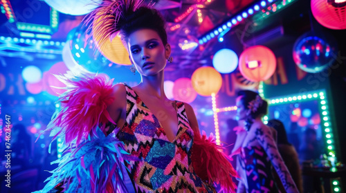 A bold geometric patterned dress with a deep neckline and long fringe detailing. Paired with a feather boa and a faux fur shrug. The background is a lively nightclub with