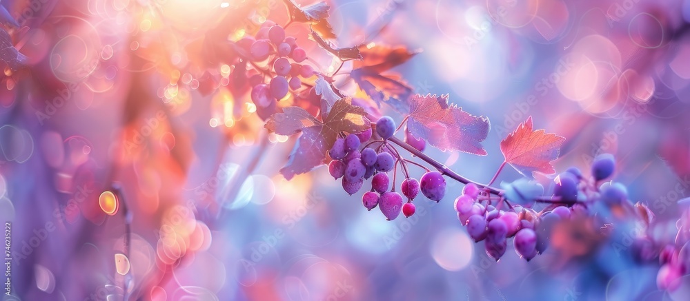 This close-up showcases a bunch of vibrant berries hanging from a tree in the colorful hues of autumn. The berries are in focus, with wild grape-colored leaves in the background.