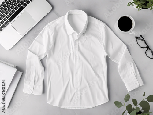 Professional White Dress Shirt Displayed with Laptop, Coffee, and Accessories on a Grey Surface: Ideal for Business and Work Environments