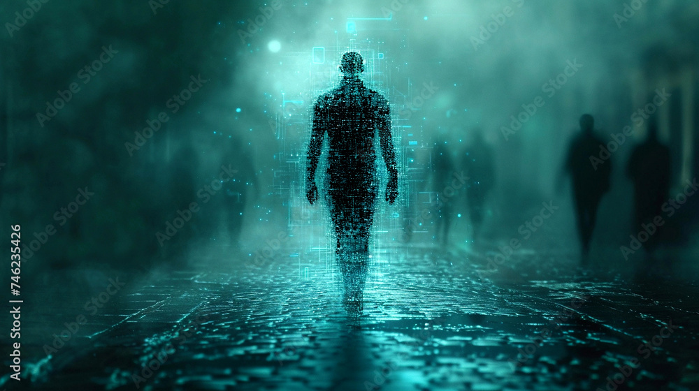 A Digital Matrix Superimposed on the Silhouette of a Person Walking on a Street at Night - obrazy, fototapety, plakaty 