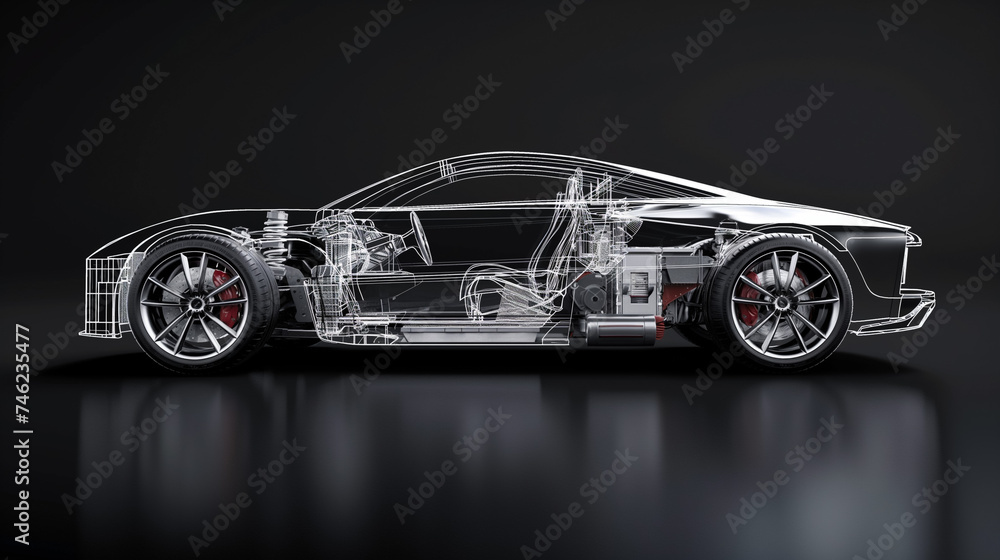 Illustration of a sportier car with cut section shows partial inside details of the car, a Generative AI image. Illustration of a sportier car with cut section shows partial inside details of the car, a Generative AI image.