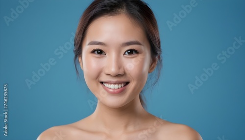 ortrait of a Cheerful Asian young woman, girl. close-up. smiling. clean background. Healthy skin. Studio. blue background