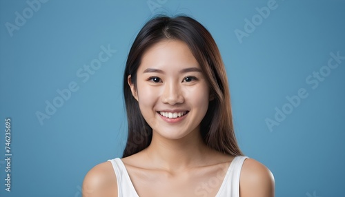 ortrait of a Cheerful Asian young woman, girl. close-up. smiling. clean background. Healthy skin. Studio. blue background