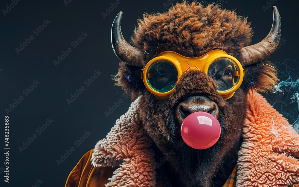 Bison blowing bubble gum wearing goggles fashion portrait on dark background. Birthday party. presentation. advertisement. invitation. copy text space. Bison blowing bubble gum wearing goggles fashion portrait on dark background. Birthday party. presentation. advertisement. invitation. copy text space.