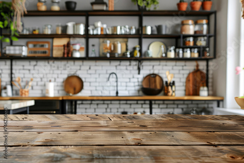 Empty rustic wooden table with the modern kitchen setting, showcasing open shelving and various cookware.