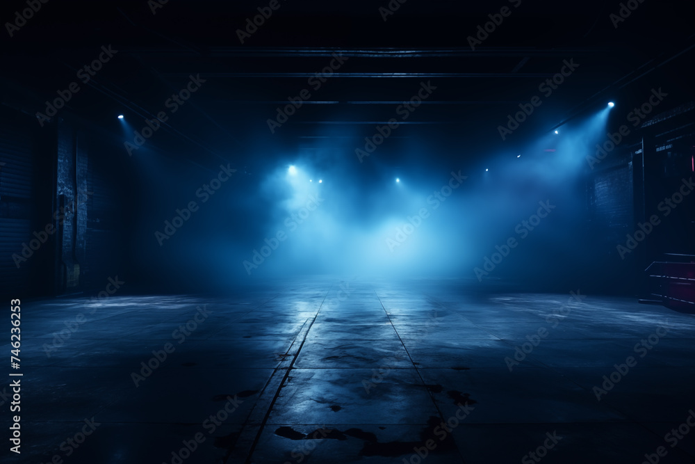 A dark empty street, dark blue background, an empty dark scene, neon light, spotlights The asphalt floor and studio room with smoke float up the interior texture. night 