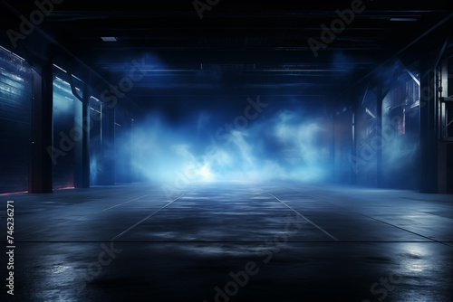 A dark empty street, dark blue background, an empty dark scene, neon light, spotlights The asphalt floor and studio room with smoke float up the interior texture. night 