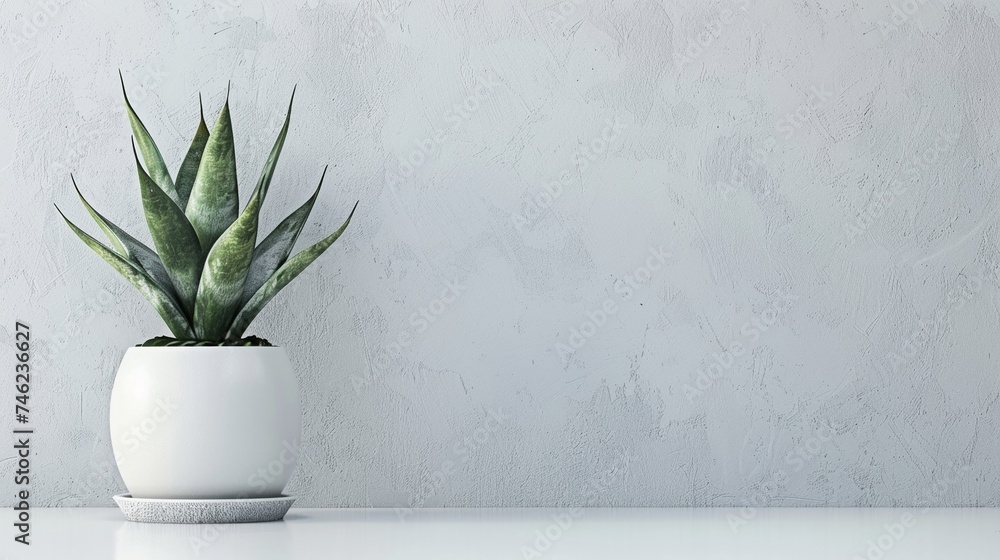 Sansevieria trifasciata plant in white pot on white floor and grey wall background. - obrazy, fototapety, plakaty 