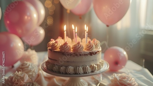 Delicious and beautiful birthday cake with burning candles  Celebrate anniversaries and special days.