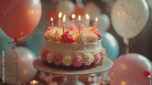 Delicious and beautiful birthday cake with burning candles, Celebrate anniversaries and special days.