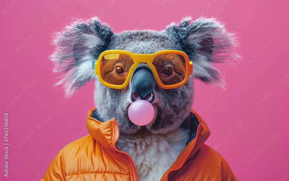 Koala Bear blowing bubble gum wearing goggles fashion portrait on solid pastel background. Birthday party. presentation. advertisement. invitation. copy text space.