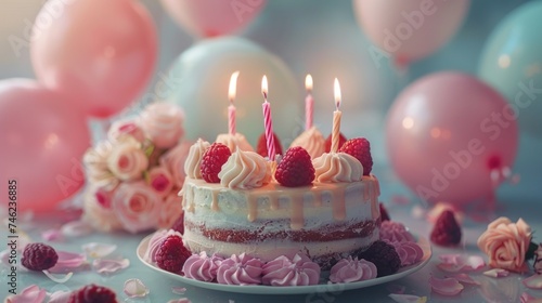 Delicious and beautiful birthday cake with burning candles  Celebrate anniversaries and special days.