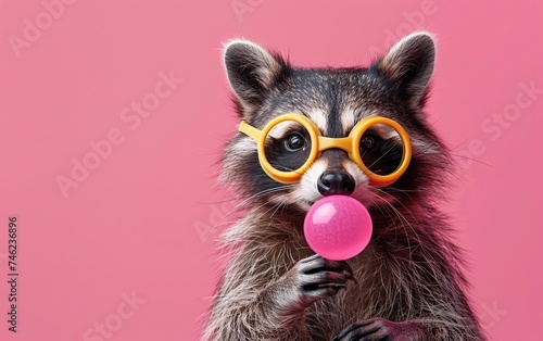 Raccoon blowing bubble gum wearing goggles fashion portrait on solid pastel background. Birthday party. presentation. advertisement. invitation. copy text space.