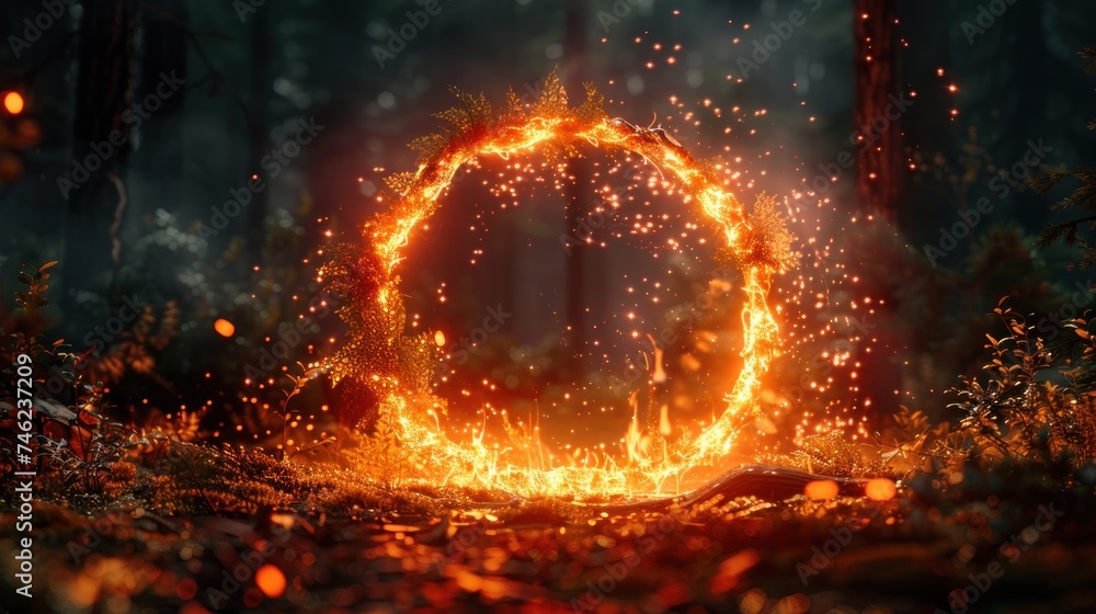 Circle frame from fire and forest background, Great wildfire burning the a large forest. - obrazy, fototapety, plakaty 
