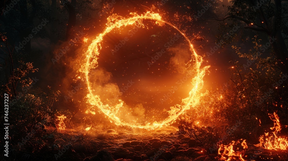 Circle frame from fire and forest background, Great wildfire burning the a large forest. - obrazy, fototapety, plakaty 