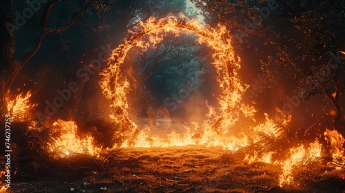 Circle frame from fire and forest background, Great wildfire burning the a large forest.