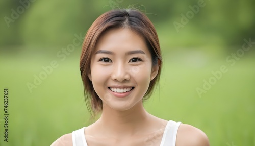 Portrait of a Cheerful Asian young woman, girl. close-up. smiling. outdoor, grass, park